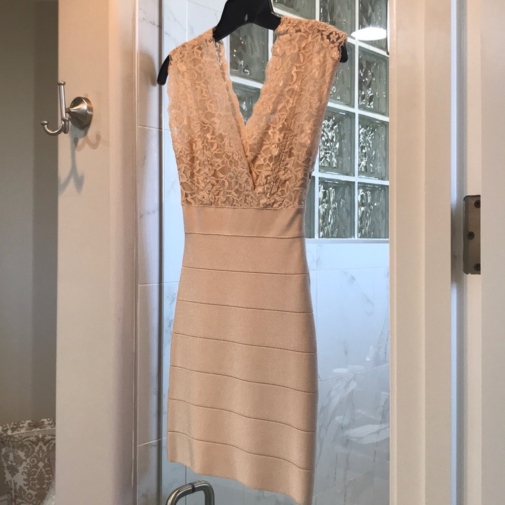 Bebe champagne lace bandage dress